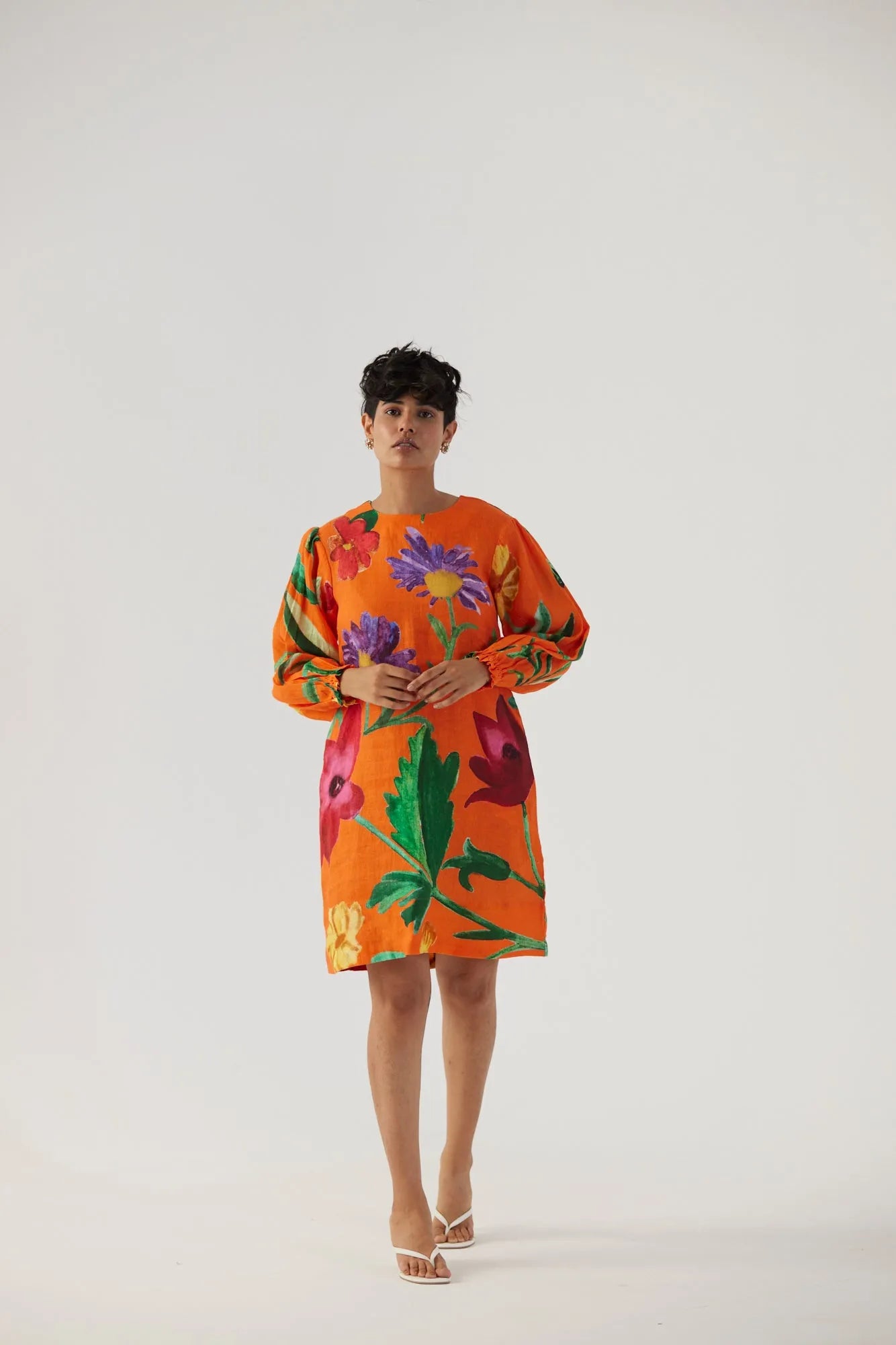BIG BOTANICAL ORANGE SHORT DRESS - Yam India
