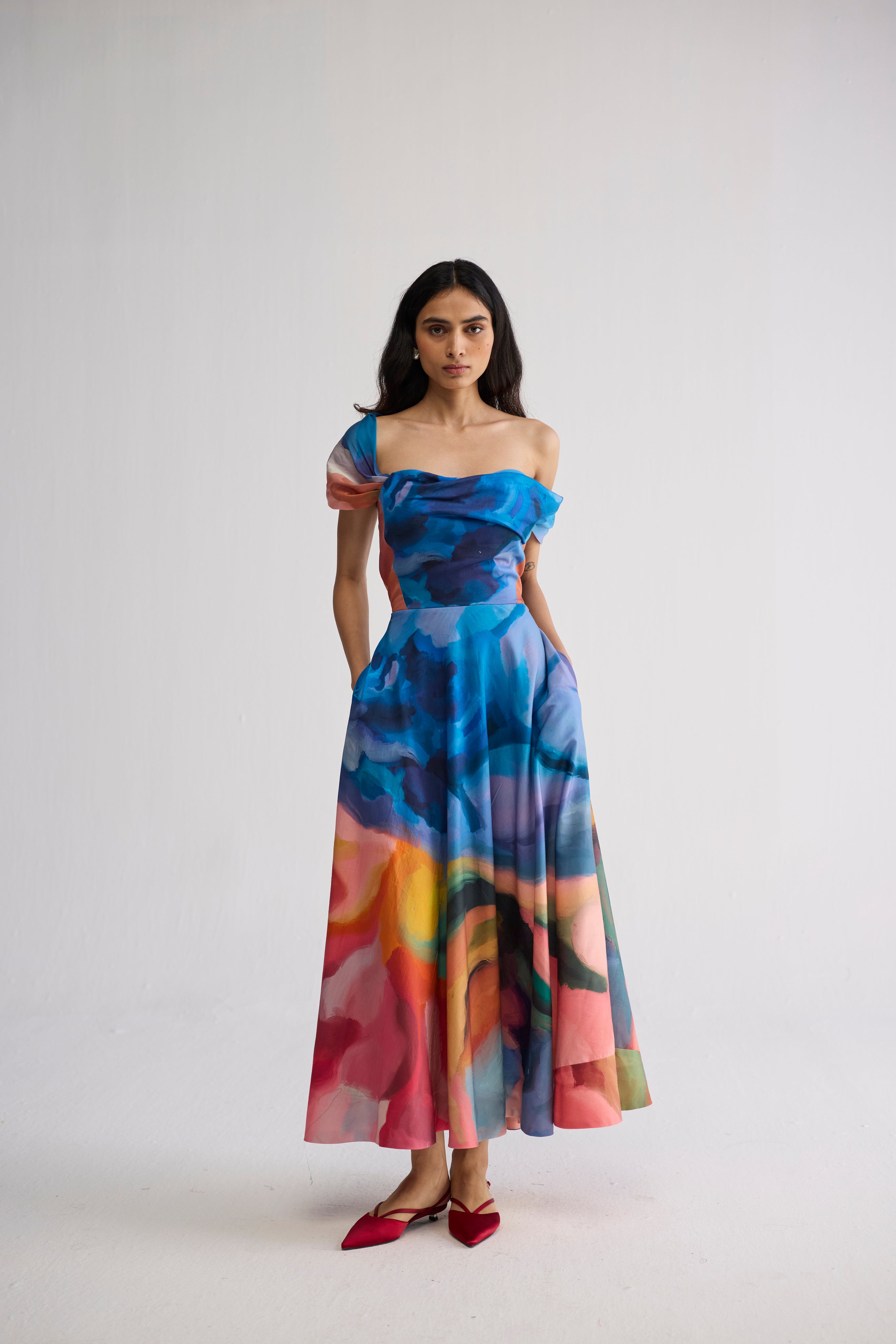 off shoulder dress india 018- Women Middi Off Shoulder Dress