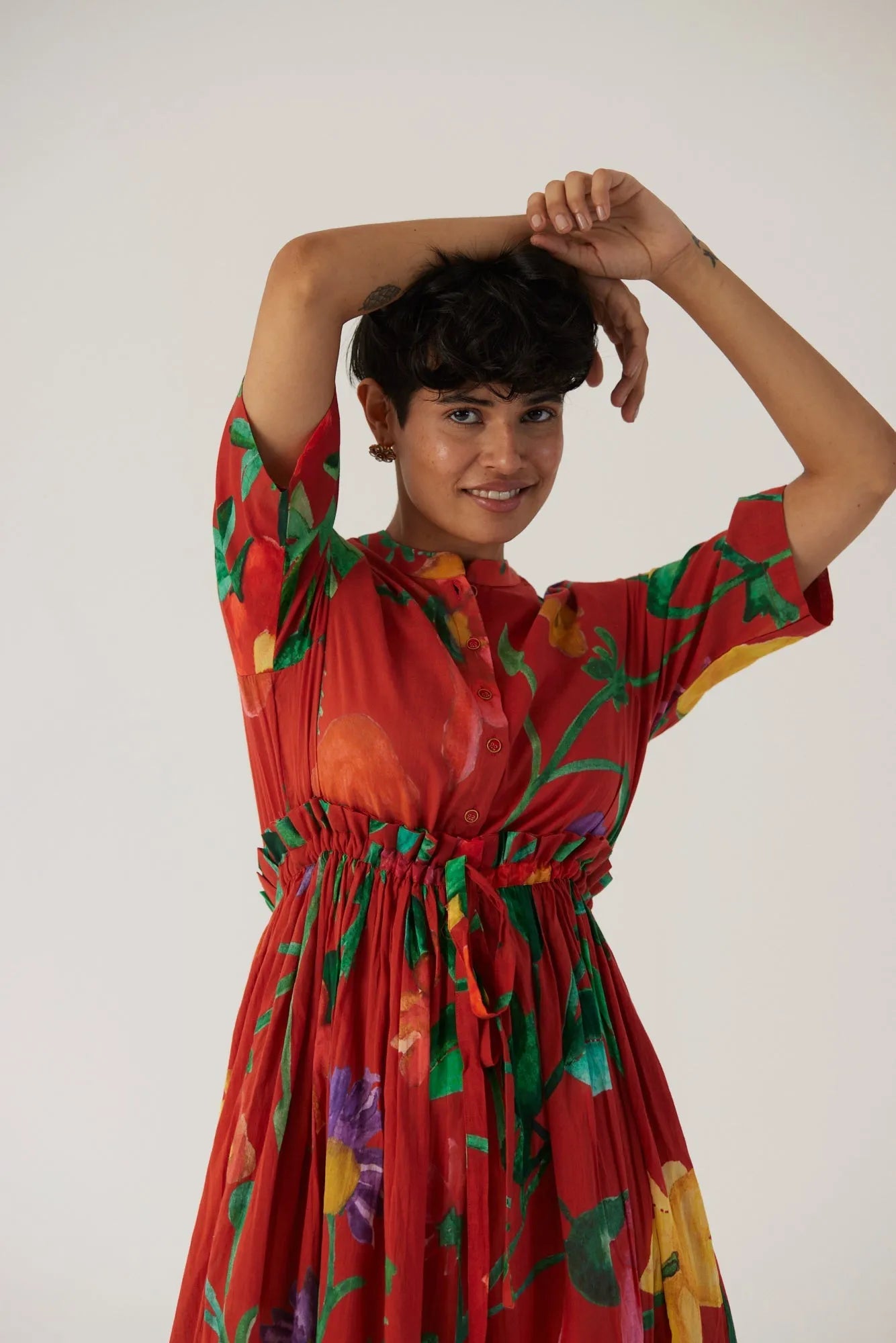 BIG BOTANICAL RED GATHERED DRESS - Yam India