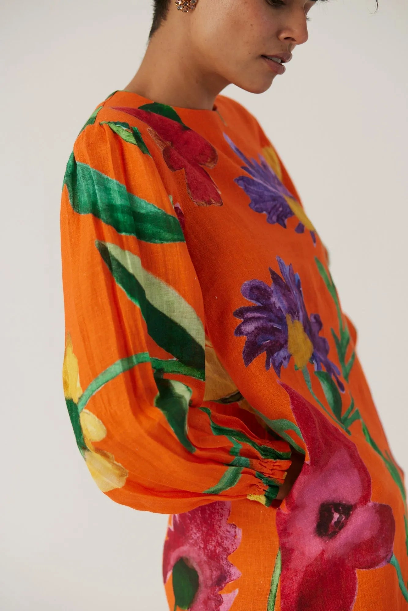 BIG BOTANICAL ORANGE SHORT DRESS - Yam India